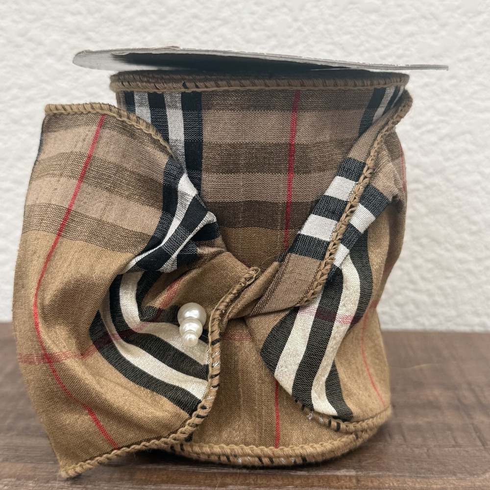 D. Stevens 4in Wired Ribbon Tartan Plaid Stripe Black Red Tan White Christmas